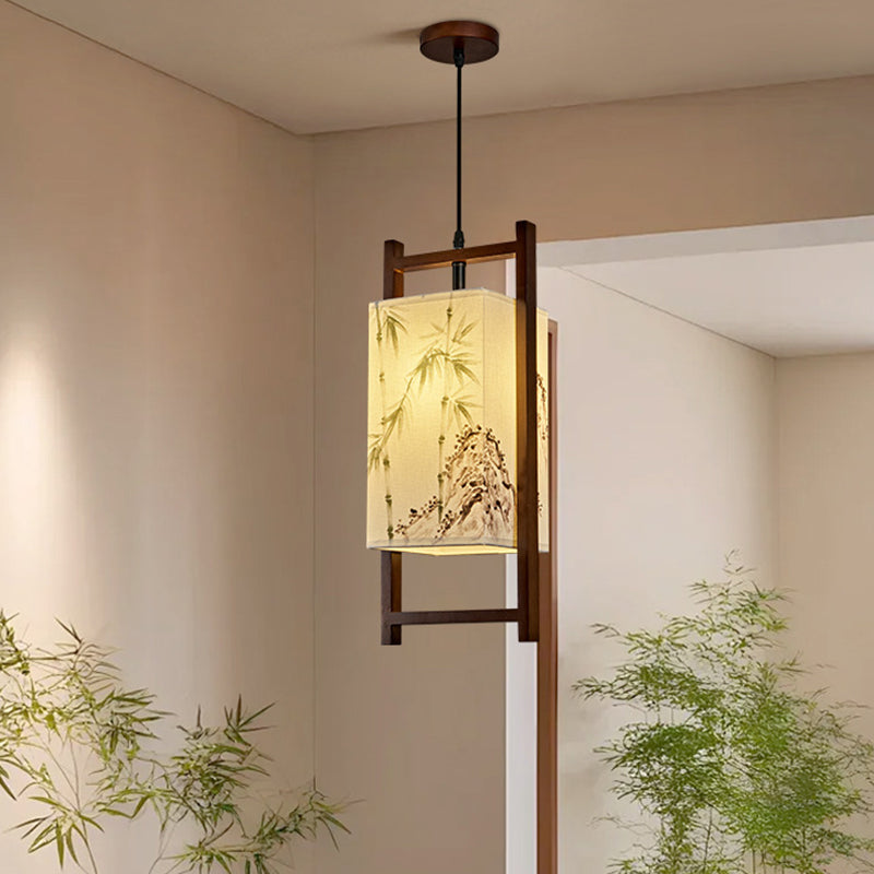 Traditional Chinese Solid Wood Fabric Lantern 1-Light Pendant Light For Living Room & Dining Room
