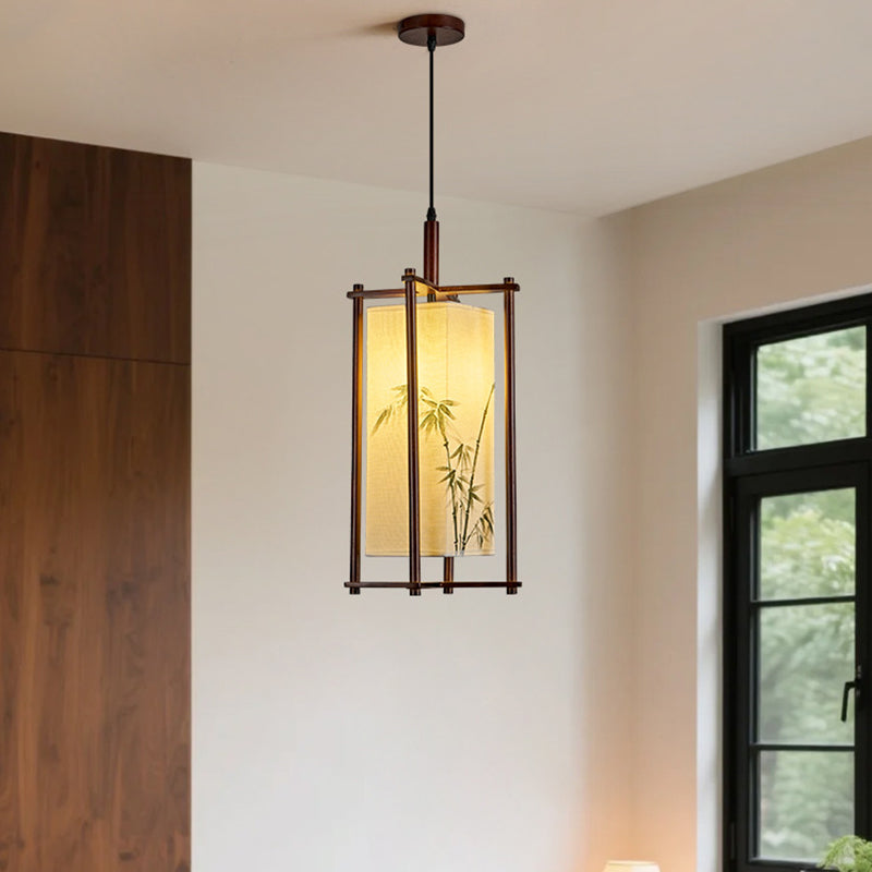 Traditional Chinese Solid Wood Fabric Lantern 1-Light Pendant Light For Living Room & Dining Room