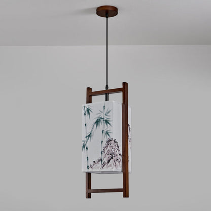 Traditional Chinese Solid Wood Fabric Lantern 1-Light Pendant Light For Living Room & Dining Room