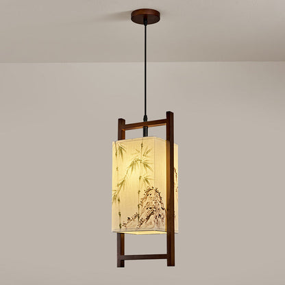 Traditional Chinese Solid Wood Fabric Lantern 1-Light Pendant Light For Living Room & Dining Room