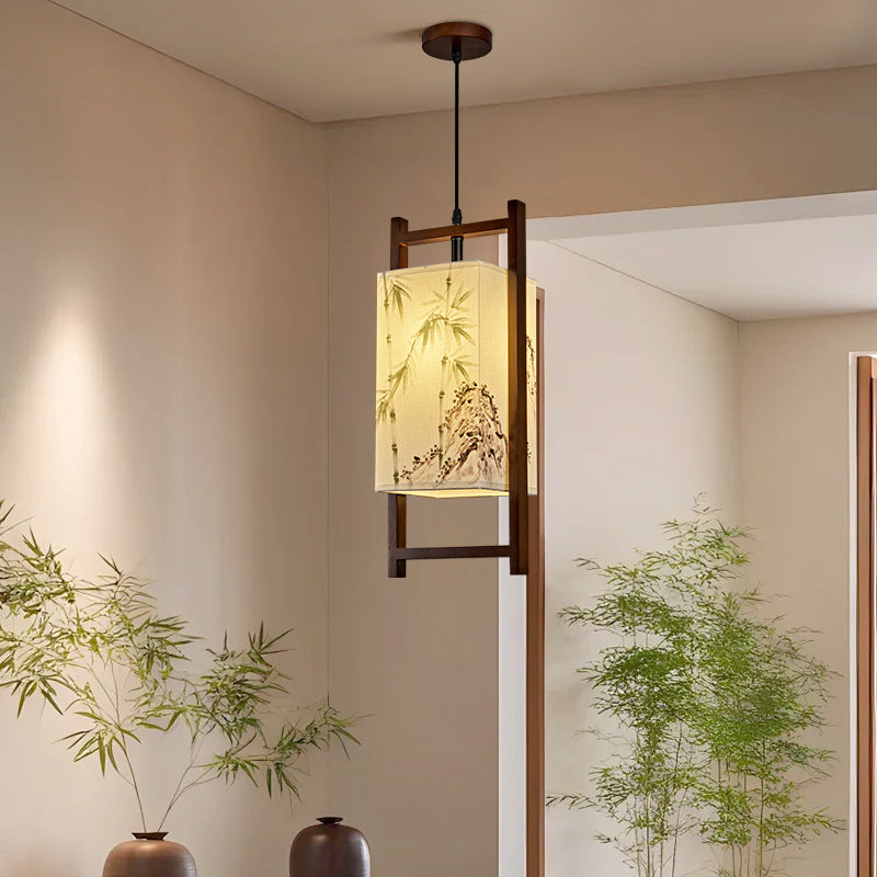 Traditional Chinese Solid Wood Fabric Lantern 1-Light Pendant Light For Living Room & Dining Room