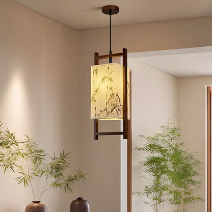 Traditional Chinese Solid Wood Fabric Lantern 1-Light Pendant Light For Living Room & Dining Room