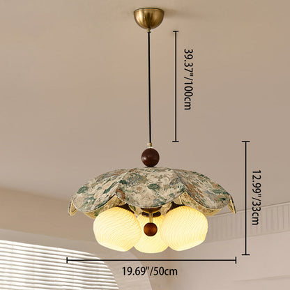 Traditional French Solid Wood Iron Fabric PLA Flower-Shaped 3-Light Pendant Light For Living Room