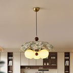 Traditional French Solid Wood Iron Fabric PLA Flower-Shaped 3-Light Pendant Light For Living Room