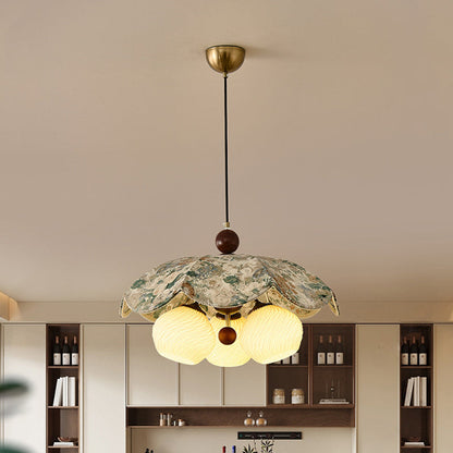 Traditional French Solid Wood Iron Fabric PLA Flower-Shaped 3-Light Pendant Light For Living Room