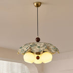 Traditional French Solid Wood Iron Fabric PLA Flower-Shaped 3-Light Pendant Light For Living Room