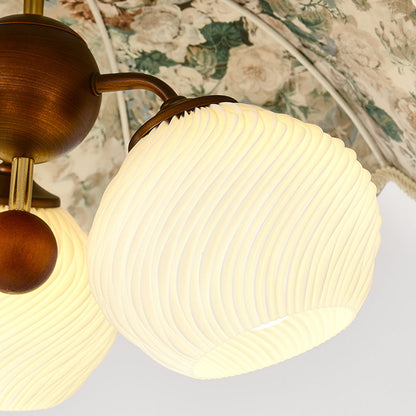 Traditional French Solid Wood Iron Fabric PLA Flower-Shaped 3-Light Pendant Light For Living Room