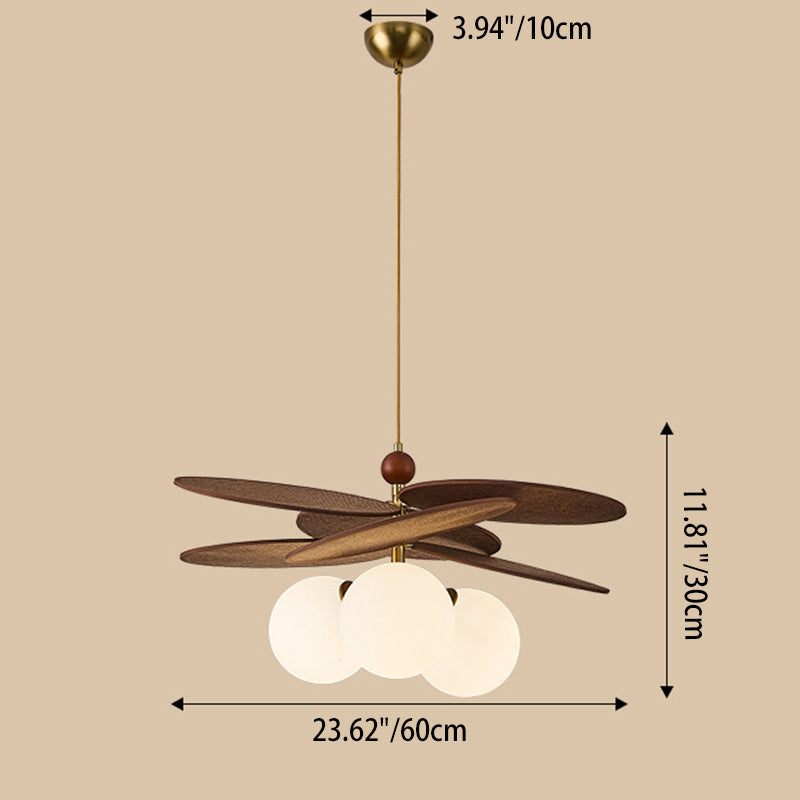 Traditional French Ash Wood Iron Glass Rattan Weaving Bud-Shaped 3-Light Pendant Light For Living Room & Dining Room