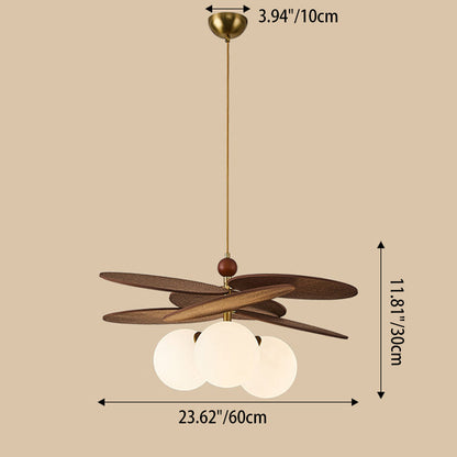 Traditional French Ash Wood Iron Glass Rattan Weaving Bud-Shaped 3-Light Pendant Light For Living Room & Dining Room