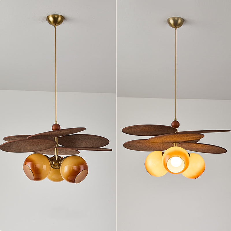 Traditional French Ash Wood Iron Glass Rattan Weaving Bud-Shaped 3-Light Pendant Light For Living Room & Dining Room