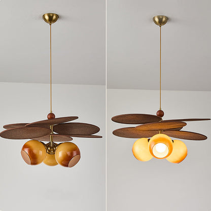 Traditional French Ash Wood Iron Glass Rattan Weaving Bud-Shaped 3-Light Pendant Light For Living Room & Dining Room