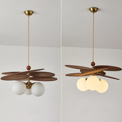 Traditional French Ash Wood Iron Glass Rattan Weaving Bud-Shaped 3-Light Pendant Light For Living Room & Dining Room