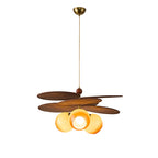 Traditional French Ash Wood Iron Glass Rattan Weaving Bud-Shaped 3-Light Pendant Light For Living Room & Dining Room