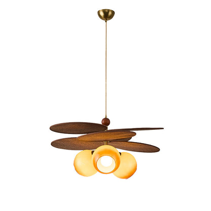 Traditional French Ash Wood Iron Glass Rattan Weaving Bud-Shaped 3-Light Pendant Light For Living Room & Dining Room