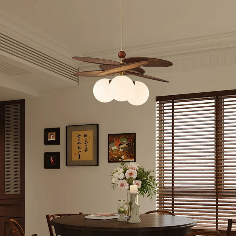 Traditional French Ash Wood Iron Glass Rattan Weaving Bud-Shaped 3-Light Pendant Light For Living Room & Dining Room