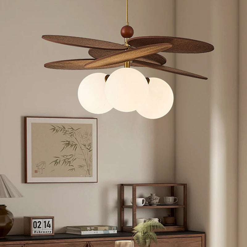 Traditional French Ash Wood Iron Glass Rattan Weaving Bud-Shaped 3-Light Pendant Light For Living Room & Dining Room