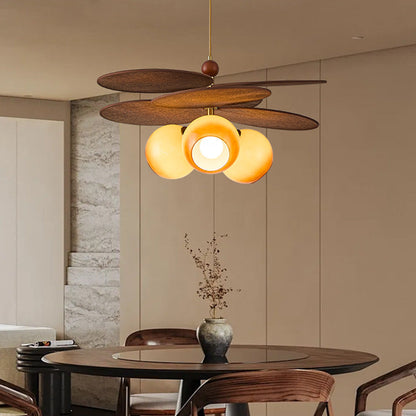 Traditional French Ash Wood Iron Glass Rattan Weaving Bud-Shaped 3-Light Pendant Light For Living Room & Dining Room