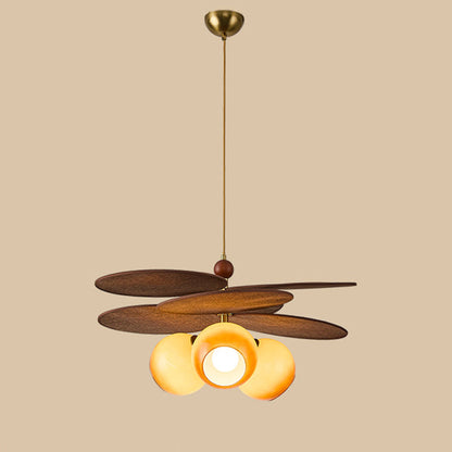 Traditional French Ash Wood Iron Glass Rattan Weaving Bud-Shaped 3-Light Pendant Light For Living Room & Dining Room