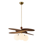 Traditional French Ash Wood Iron Glass Rattan Weaving Bud-Shaped 3-Light Pendant Light For Living Room & Dining Room