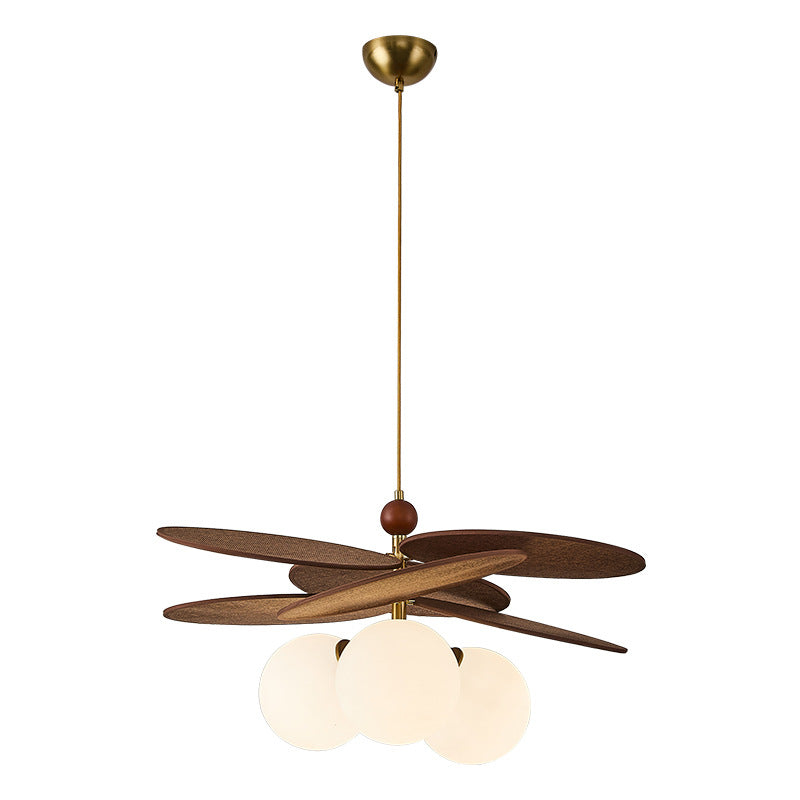Traditional French Ash Wood Iron Glass Rattan Weaving Bud-Shaped 3-Light Pendant Light For Living Room & Dining Room