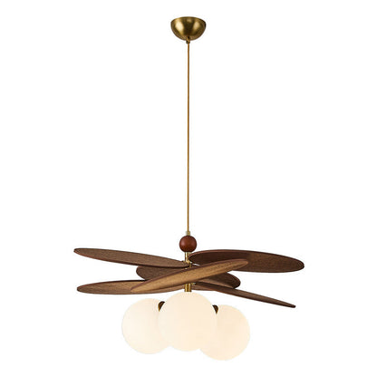 Traditional French Ash Wood Iron Glass Rattan Weaving Bud-Shaped 3-Light Pendant Light For Living Room & Dining Room