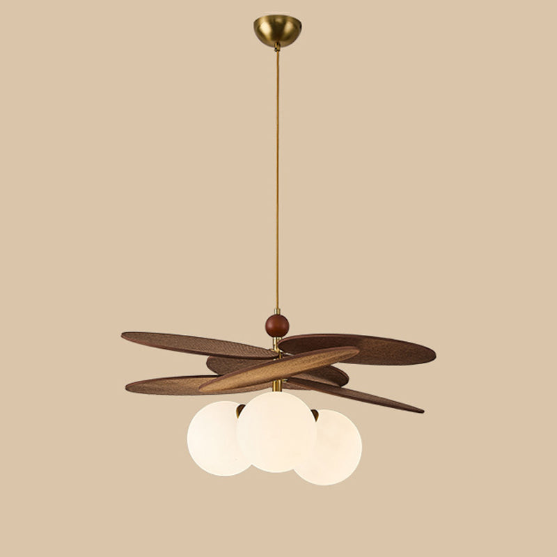 Traditional French Ash Wood Iron Glass Rattan Weaving Bud-Shaped 3-Light Pendant Light For Living Room & Dining Room