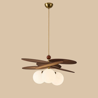 Traditional French Ash Wood Iron Glass Rattan Weaving Bud-Shaped 3-Light Pendant Light For Living Room & Dining Room