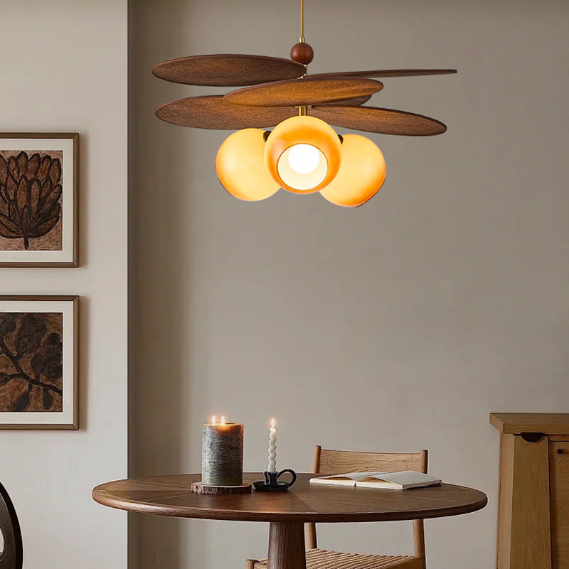 Traditional French Ash Wood Iron Glass Rattan Weaving Bud-Shaped 3-Light Pendant Light For Living Room & Dining Room