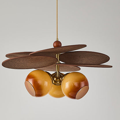 Traditional French Ash Wood Iron Glass Rattan Weaving Bud-Shaped 3-Light Pendant Light For Living Room & Dining Room