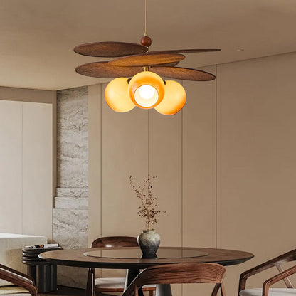 Traditional French Ash Wood Iron Glass Rattan Weaving Bud-Shaped 3-Light Pendant Light For Living Room & Dining Room