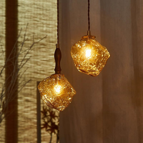 Contemporary Creative Glass Wood Iron Irregular Stone 1-light Pendant Light for Bedroom & Living Room BulbSquare