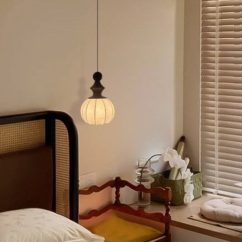 Traditional Vintage Silk Fabric Solid Wood Metal Round Pendant Light 1-Light For Bedroom & Living Room