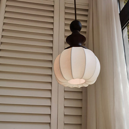 Traditional Vintage Silk Fabric Solid Wood Metal Round Pendant Light 1-Light For Bedroom & Living Room