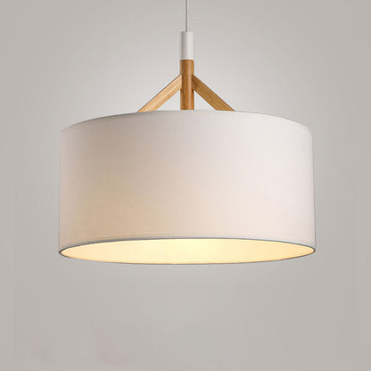 Modern Minimalist Fabric Wood Metal Round Cylinder 1-Light Pendant Light For Bedroom & Living Room