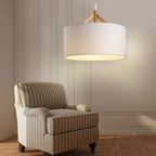 Modern Minimalist Fabric Wood Metal Round Cylinder 1-Light Pendant Light For Bedroom & Living Room