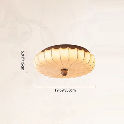 Traditional Chinese Fabric Ash Wood Ruffled Flat Round LED Flush Mount Ceiling Light for Bedroom & Living Room