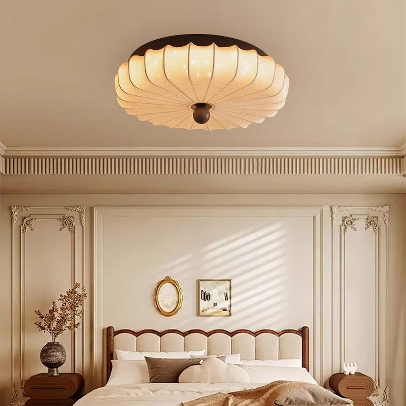 Traditional Chinese Fabric Ash Wood Ruffled Flat Round LED Flush Mount Ceiling Light for Bedroom & Living Room