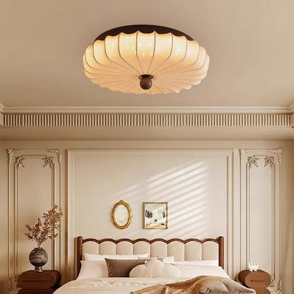 Traditional Chinese Fabric Ash Wood Ruffled Flat Round LED Flush Mount Ceiling Light for Bedroom & Living Room