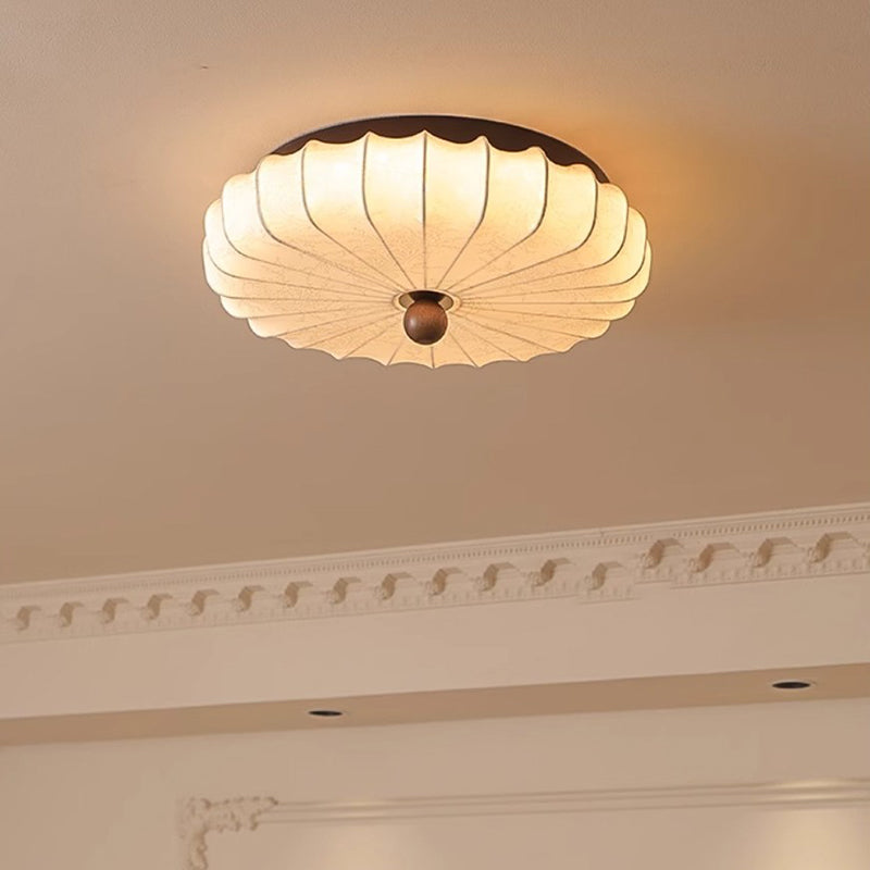Traditional Chinese Fabric Ash Wood Ruffled Flat Round LED Flush Mount Ceiling Light for Bedroom & Living Room