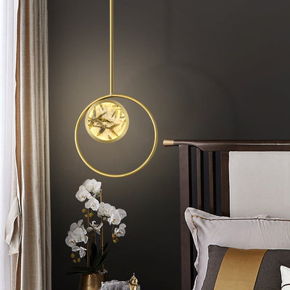 Traditional Chinese Glass & Brass Round Leaf Pattern LED Pendant Light For Bedroom & Living Room