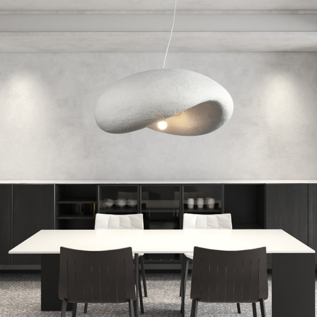 Traditional Japanese Polystyrene Irregular Curved Round 1-Light Pendant Light For Bedroom & Living Room