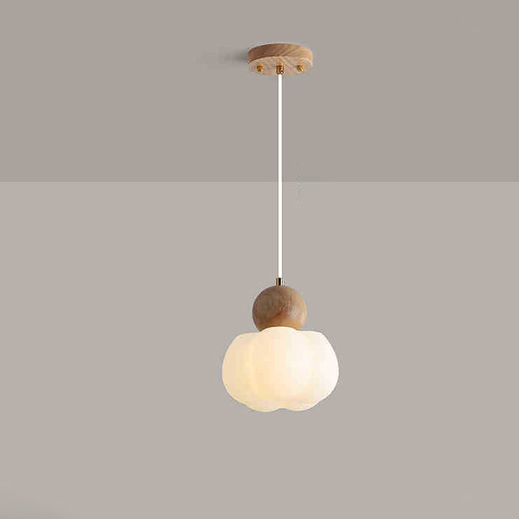 Traditional Japanese PE Metal Rubber Wood Round Pumpkin 1-Light Pendant Light For Bedroom & Living Room