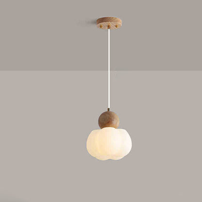 Traditional Japanese PE Metal Rubber Wood Round Pumpkin 1-Light Pendant Light For Bedroom & Living Room