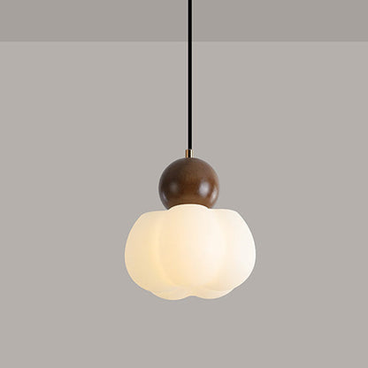 Traditional Japanese PE Metal Rubber Wood Round Pumpkin 1-Light Pendant Light For Bedroom & Living Room