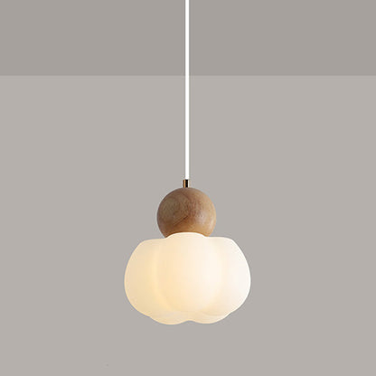 Traditional Japanese PE Metal Rubber Wood Round Pumpkin 1-Light Pendant Light For Bedroom & Living Room
