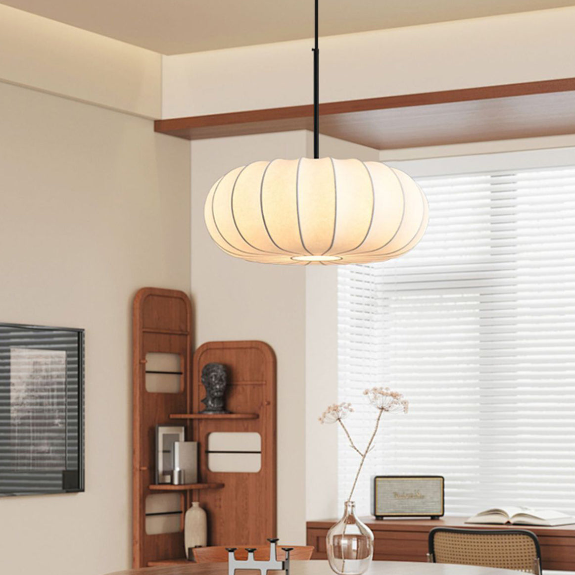 Traditional Japanese Faux Silk Iron Pumpkin Stripe 1/2/3-light Chandelier for Bedroom & Living Room BulbSquare