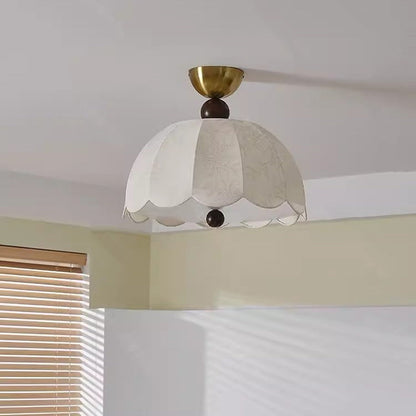 Traditional Vintage Metal Wood Fabric Petal-shaped Embroidered 3/5-light Semi-flush Mount Ceiling Light for Bedroom & Living Room
