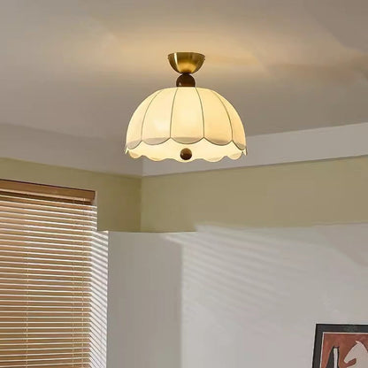 Traditional Vintage Metal Wood Fabric Petal-shaped Embroidered 3/5-light Semi-flush Mount Ceiling Light for Bedroom & Living Room