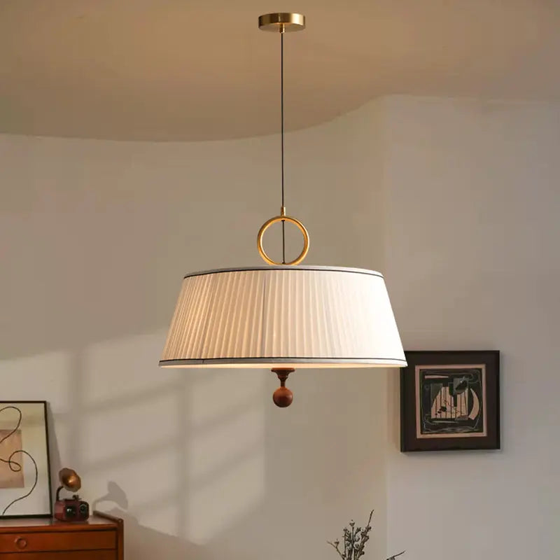 Traditional Vintage Fabric Wood Metal Pleated Round 1-light Chandelier for Bedroom & Living Room modern luxury lighting fixtu