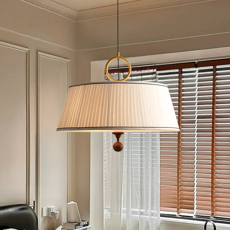 Traditional Vintage Fabric Wood Metal Pleated Round 1-light Chandelier for Bedroom & Living Room Lumendat